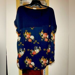 Blue Boxy Relaxed Blouse with Floral Design